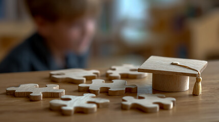Wooden puzzle pieces and a student wearing a graduation hat on a table, representing a learning or education concept for special needs children