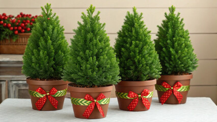 Christmas green energy eco friendly potted trees decorated with red bows create festive and sustainable holiday atmosphere indoors