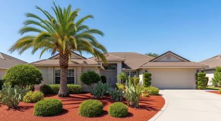 Beautiful home exterior with a tropical garden under bright blue skies