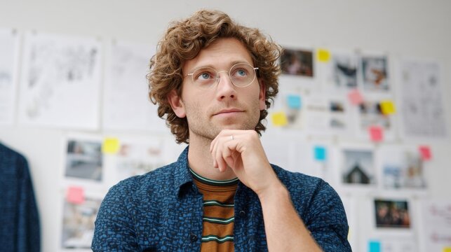 Man in office pondering thoughts.