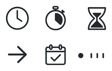 Minimalist black icons of clock timer hourglass arrow calendar time concepts