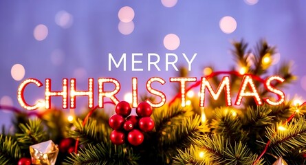 Merry Christmas greeting with some luxurious Christmas decorations and a blurry blue background