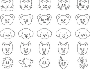 Cute vector outlines of puppy and cat expressions, flowers, heart for cartoon characters, comic, animals, pet shop, vet, emoji, mood, feelings, emotion, emoticon, Valentine's day, patch, kid colouring
