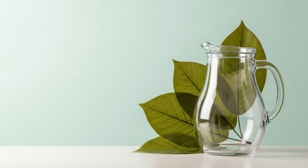 Clear glass jar containing refreshing water with green leaves beside it