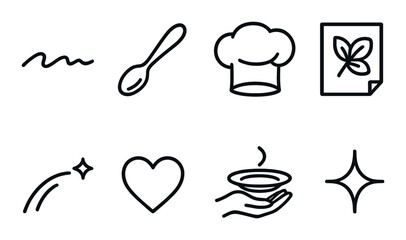 Culinary icons: chef hat spoon leaf stars soup and heart symbols