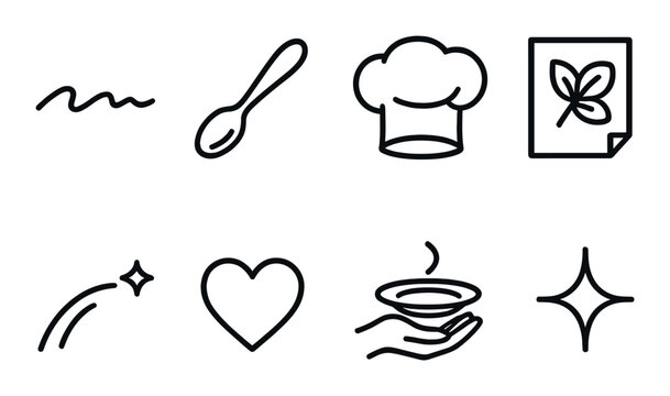 Culinary icons: chef hat spoon leaf stars soup and heart symbols