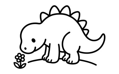 Fototapeta premium Cute dinosaur outline smelling flower in minimalist black and white style