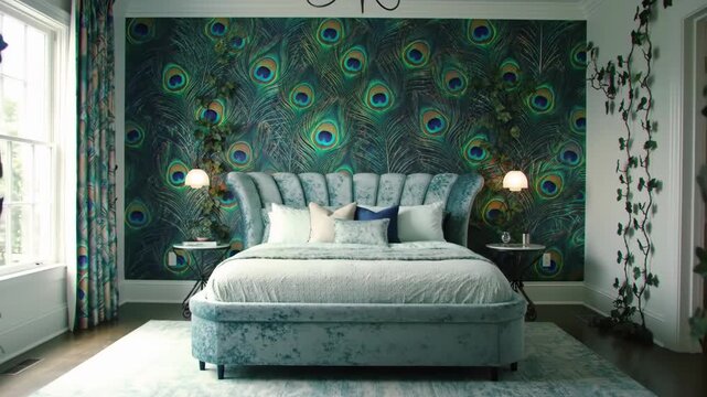 Elegant bedroom with bed, patterned wallpaper, and french doors.