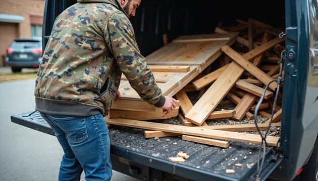 Man in camo jacket loads construction debris into truck. Removes old wood planks, broken boards, building rubbish from home renovation project. Worker collects waste materials, rubbish, scrap wood