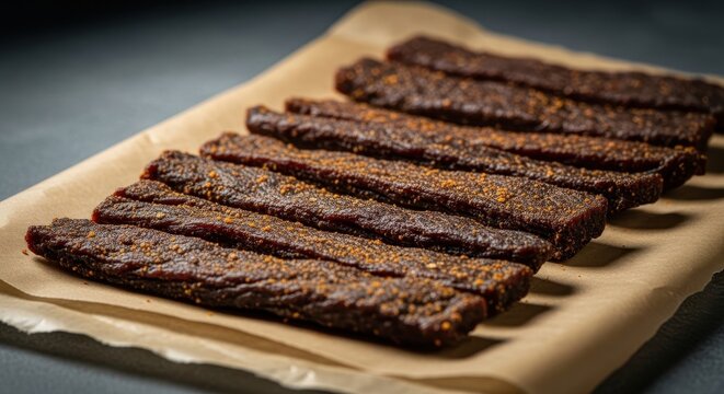 Close up of delicious beef jerky on brown parchment paper - Powered by Adobe