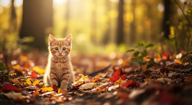 Ginger kitten in autumn forest with colorful leaves and soft sunlight - Powered by Adobe