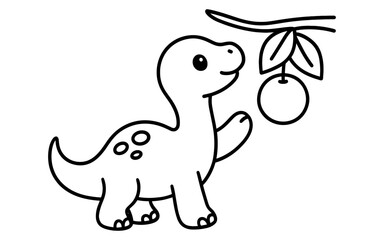 Fototapeta premium Cute dinosaur reaching for fruit in simple black and white drawing for kids