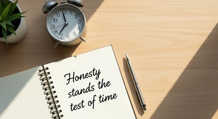 Clock Pen and Notebook Displaying Honesty Stands the Test of Time