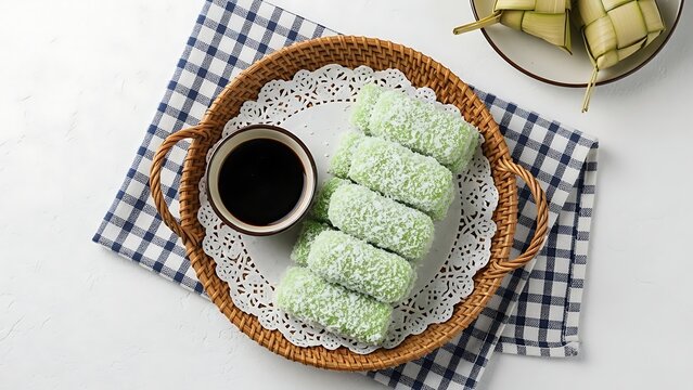 A top view of getuk lindri on a woven basket with soy sauce and ketupat on a white background