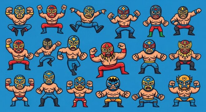 Lucha libre fighters background cartoon illustration showcasing vibrant masked wrestlers