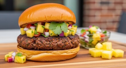 Close up shot of a delicious burger with pineapple salsa and side salad