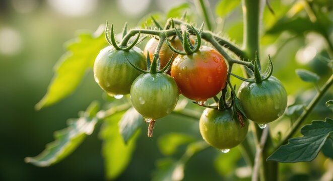 Close-up of ripening tomatoes on vine with dew drops in sunlit garden