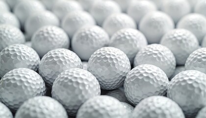 Large group of white golf balls creates textured background. Numerous dimpled spheres form simple abstract pattern. Closeup detail of new sport equipment for competition leisure hobby on green golf