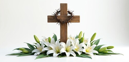Wooden cross with crown of thorns stands among white lilies on isolated background. Christian symbol of Jesus crucifixion, faith, sacrifice. Religious composition for Easter, Lent funeral service.