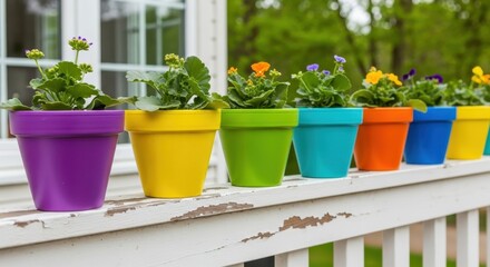 Colorful flowers in vibrant pots displayed outdoors on a white wooden railing