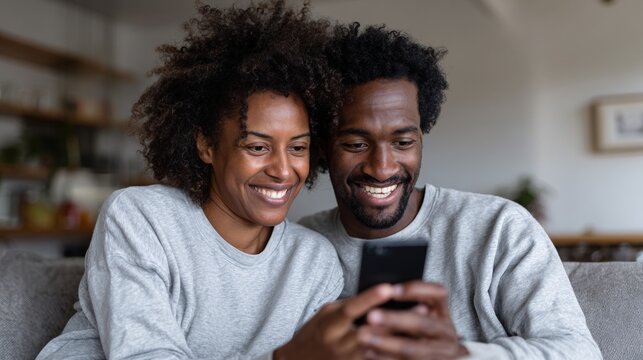 Couple using phone, sharing selfie.