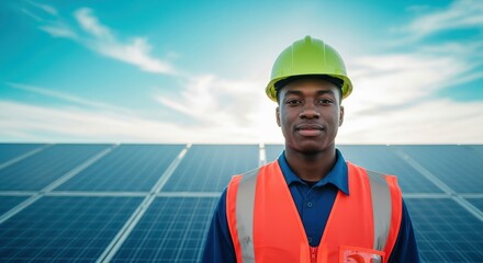Confident African American Engineer Standing In Front Of Solar Panels