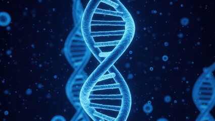 Illustration of abstract glowing blue dna double helix structure representing genetic code, heredity, and molecular biology science in a dark digital space