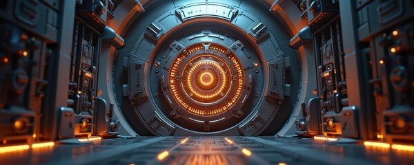 Futuristic high tech vault door glows with orange light. Circular mechanism with intricate design details ensures secure access to vital areas. Modern sci-fi entrance guards important data advanced