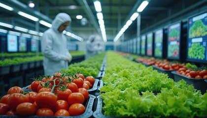 Scientists in suits work at indoor vertical farm facility. People inspect hydroponic tomato, lettuce crops. Modern agritech uses automated system for monitoring plant growth for sustainable food