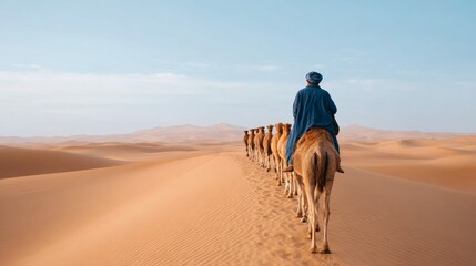 Man riding camels across desert landscape during sunset.