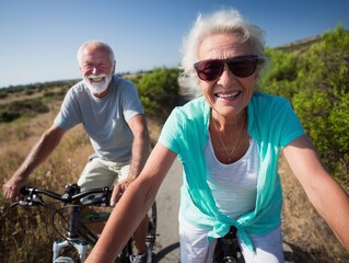 Happy senior couple riding bicycles together on a scenic countryside trail, enjoying outdoor activity and active lifestyle