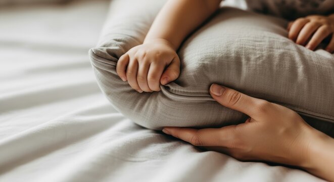 Tender moment between adult and child hands on soft pillow - Powered by Adobe