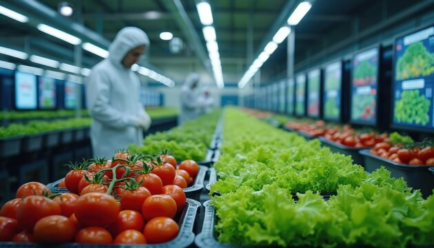 Scientists in suits work at indoor vertical farm facility. People inspect hydroponic tomato, lettuce crops. Modern agritech uses automated system for monitoring plant growth for sustainable food - Powered by Adobe