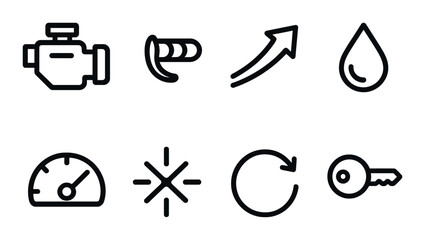 Set of automotive dashboard icons: engine, oil, speed, key, arrows