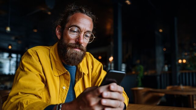 Man using cell phone in restaurant. - Powered by Adobe