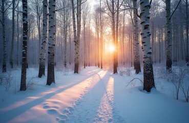 Fototapeta premium Winter forest scenery with birch trees covered by fresh snow. Sunrise in winter landscape creating peaceful natural backdrop. Scenic trail through woodland in cold season with sun.