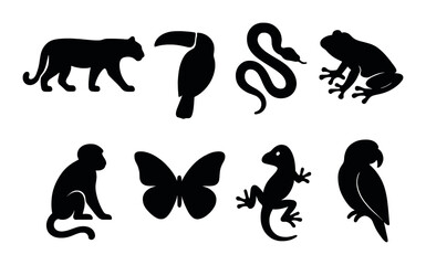 Obraz premium Silhouettes of exotic animals: toucan, snake, frog, monkey, butterfly, lizard, parrot, panther