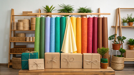 Christmas green energy eco friendly gift wrapping paper and fabric rolls with natural twine in cozy sustainable workspace