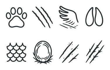 Animal attribute icons: paw, claws, wing, leaf, scales, nest, scratches