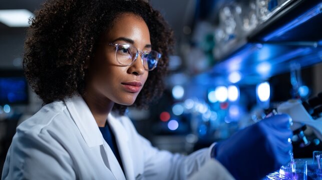 Woman scientist in lab coat working at microscope.