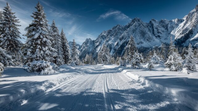 Snow-covered alpine landscape with cross-country skiing trail winding through frost-covered trees under a clear winter sky in the mountains