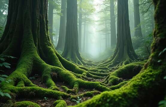 Mossy roots form winding natural path in ancient emerald forest. Giant trees with thick majestic trunks stand tall, reaching high. Rich green foliage covers woodland floor. Misty fog creates soft