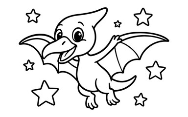 Obraz premium Cute cartoon pterodactyl flying among stars in black and white line art for kids