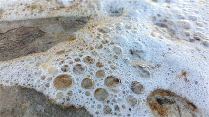Bubbles forming on a rocky shore during calm ocean waves