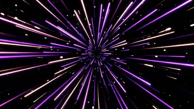 Abstract purple star explosion in outer space, seamless looping animation. 3D curved rays radiate outward in all directions against a black background, creating dynamic motion and cosmic energy.