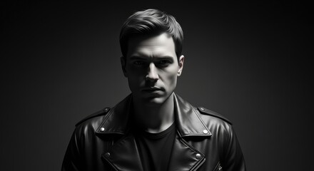 Obraz premium Mysterious caucasian male in leather jacket with dramatic lighting