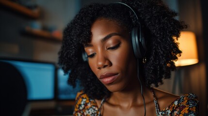 Woman wearing headphones, listening to music in a dark room.