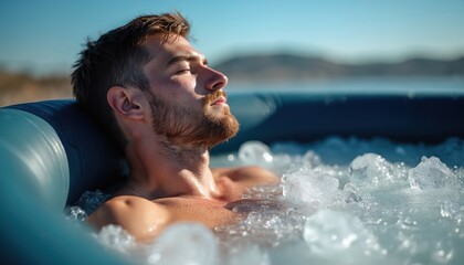 Young bearded man relaxes in outdoor ice bath tub. Athletic person enjoys cold water immersion therapy for muscle recovery. Cryotherapy treatment for wellness body hardening, health rejuvenation.