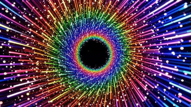 Looping animation of colorful glowing particle light streaks forming a vibrant, galaxy-like motion effect