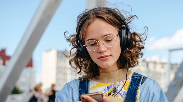 Woman with curly hair wearing glasses and headphones, standing outdoors during daytime.